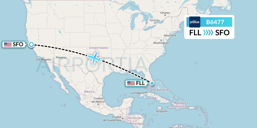 B6477 JetBlue Airways Flight Map: Fort Lauderdale to San Francisco