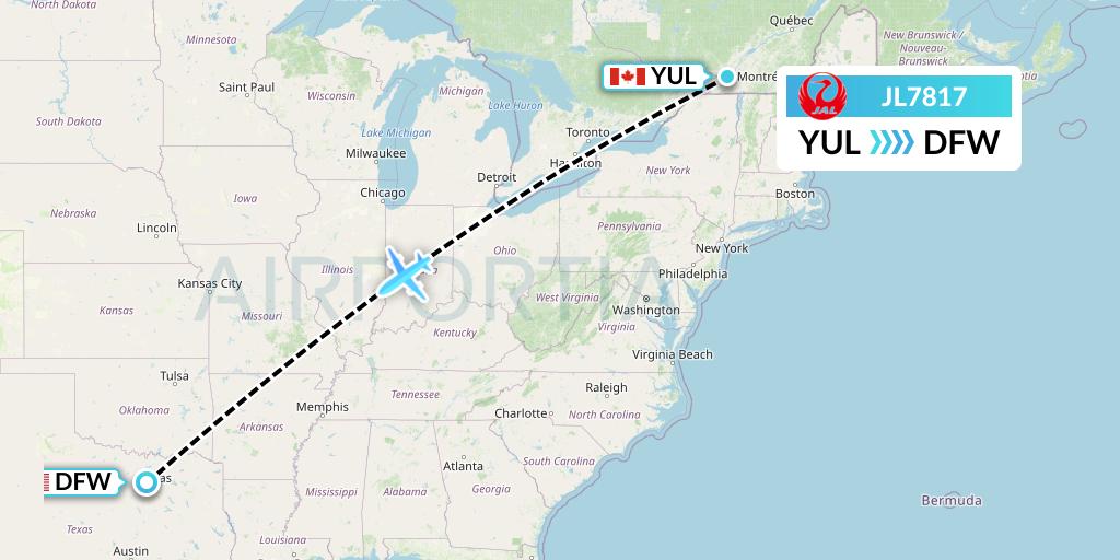 JL7817 Japan Airlines Flight Map: Montreal to Dallas
