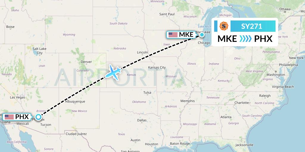 SY271 Sun Country Airlines Flight Map: Milwaukee to Phoenix