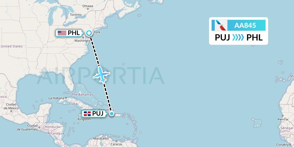 AA845 American Airlines Flight Map: Punta Cana to Philadelphia