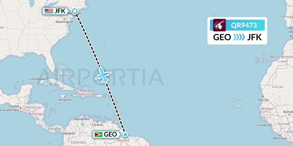 QR9473 Qatar Airways Flight Map: Georgetown to New York