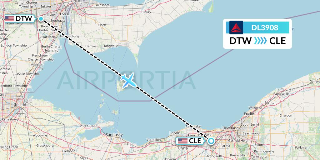 DL3908 Delta Air Lines Flight Map: Detroit to Cleveland