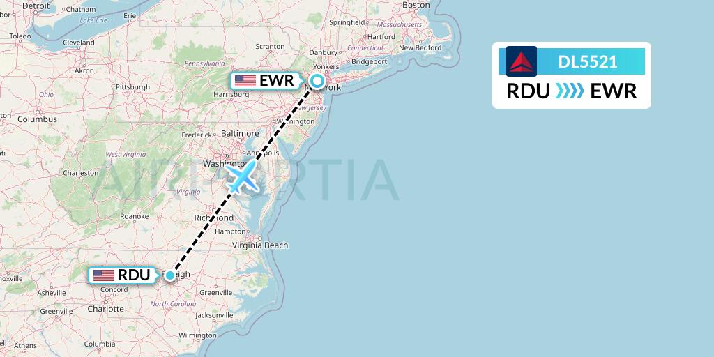DL5521 Delta Air Lines Flight Map: Raleigh-Durham to New York