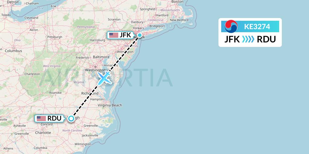 KE3274 Korean Air Flight Map: New York to Raleigh-Durham