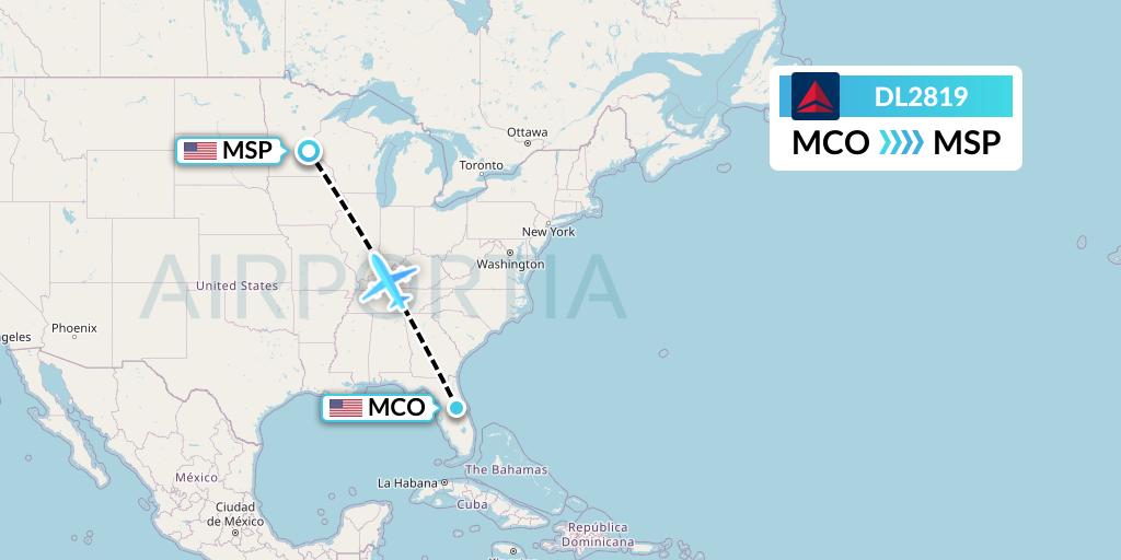 DL2819 Delta Air Lines Flight Map: Orlando to Minneapolis