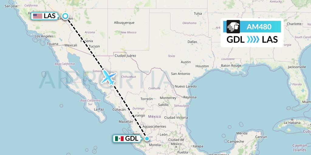 AM480 Aeromexico Flight Map: Guadalajara to Las Vegas