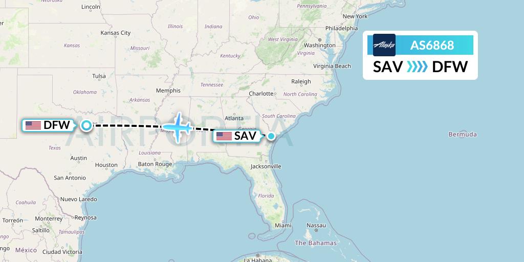 AS6868 Alaska Airlines Flight Map: Savannah to Dallas