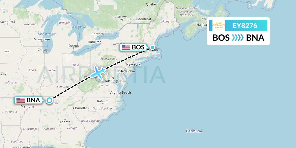 EY8276 Etihad Airways Flight Map: Boston to Nashville