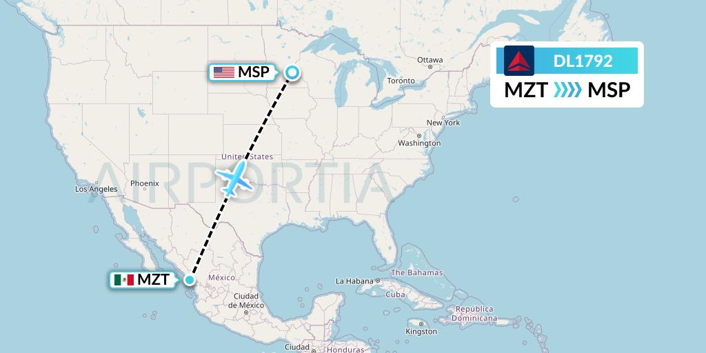 DL1792 Delta Air Lines Flight Map: Mazatlan to Minneapolis