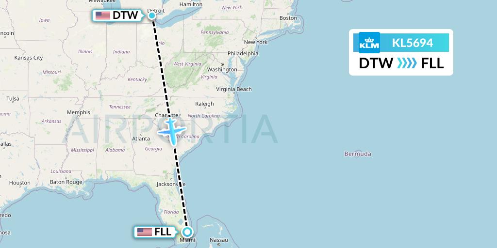 KL5694 KLM Flight Map: Detroit to Fort Lauderdale