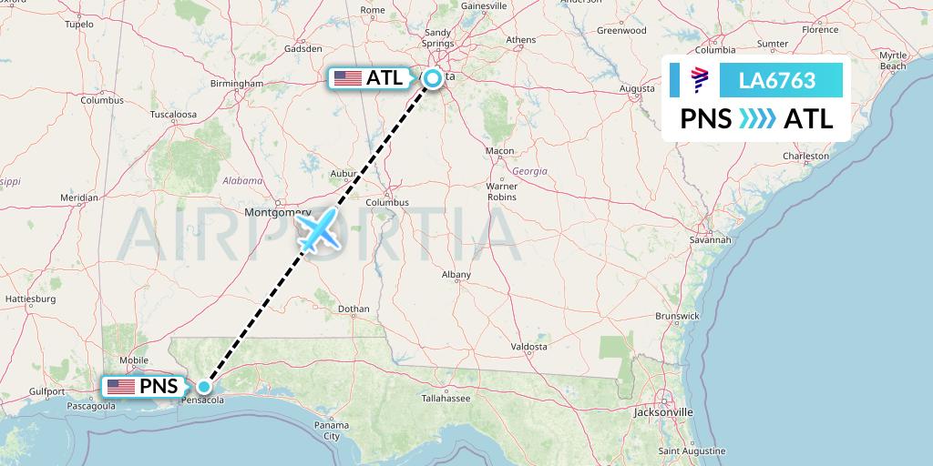 LA6763 LAN Airlines Flight Map: Pensacola to Atlanta