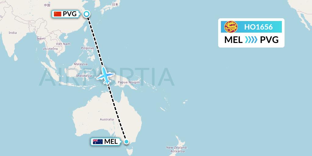 HO1656 Juneyao Airlines Flight Map: Melbourne to Shanghai