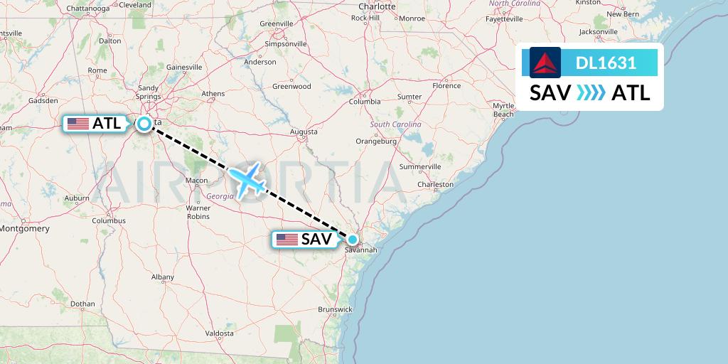 DL1631 Delta Air Lines Flight Map: Savannah to Atlanta