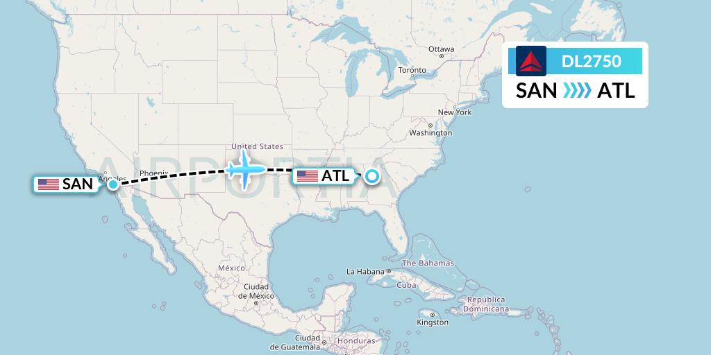 DL2750 Delta Air Lines Flight Map: San Diego to Atlanta