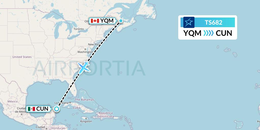 TS682 Air Transat Flight Map: Moncton to Cancun