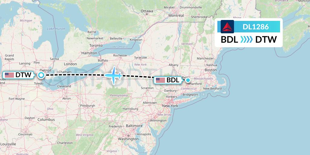 DL1286 Delta Air Lines Flight Map: Windsor Locks to Detroit
