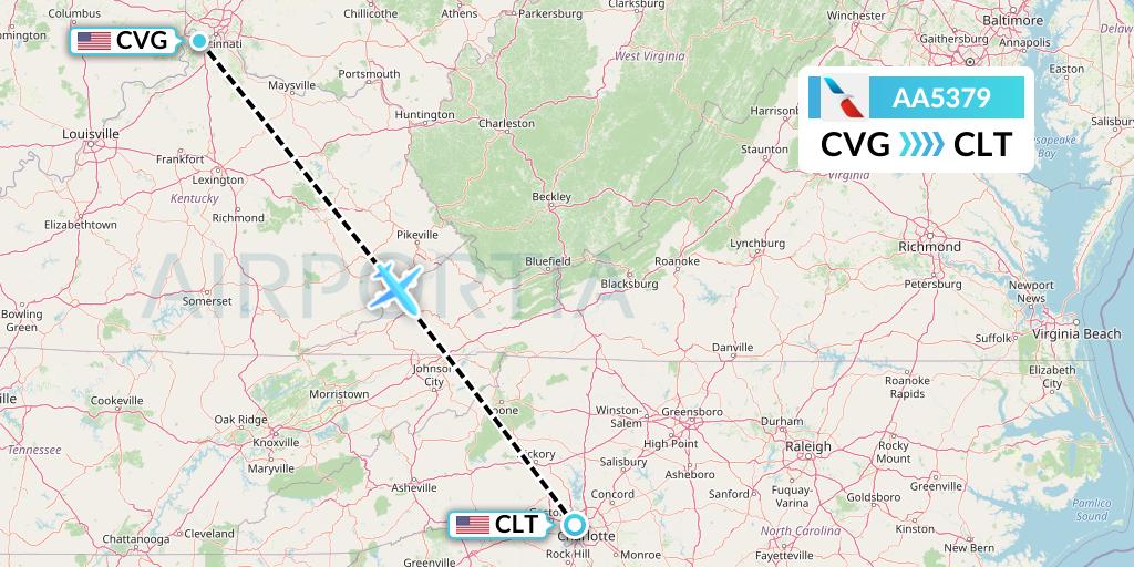 AA5379 American Airlines Flight Map: Cincinnati to Charlotte
