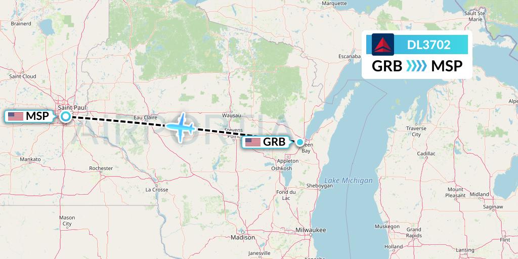 DL3702 Delta Air Lines Flight Map: Green Bay to Minneapolis