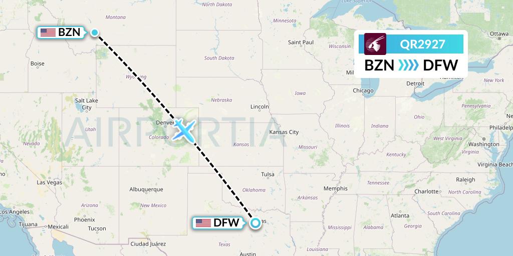 QR2927 Qatar Airways Flight Map: Bozeman to Dallas