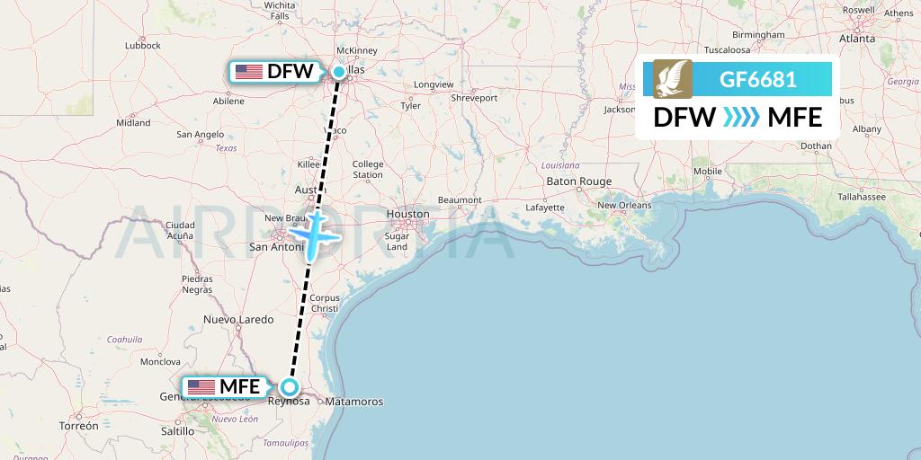 GF6681 Gulf Air Flight Map: Dallas to McAllen
