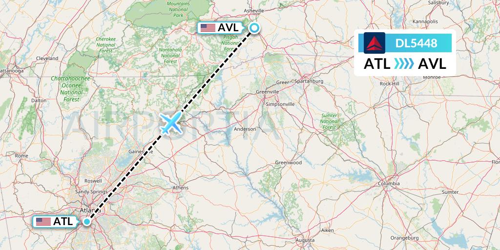 DL5448 Delta Air Lines Flight Map: Atlanta to Asheville
