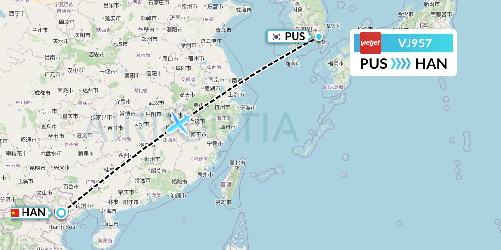 VJ957 VietJet Air Flight Map: Busan to Hanoi
