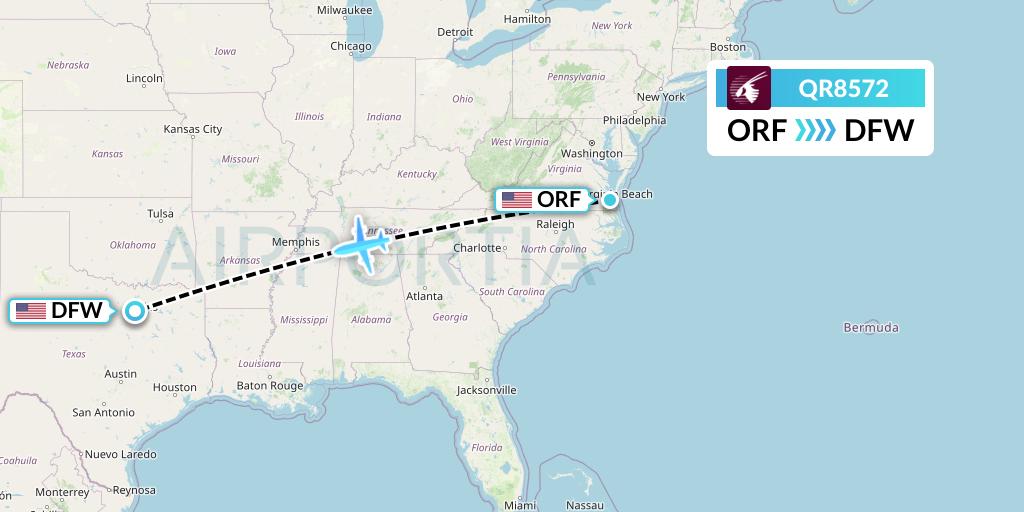 QR8572 Qatar Airways Flight Map: Norfolk to Dallas