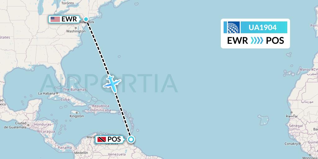 UA1904 United Airlines Flight Map: New York to Port of Spain