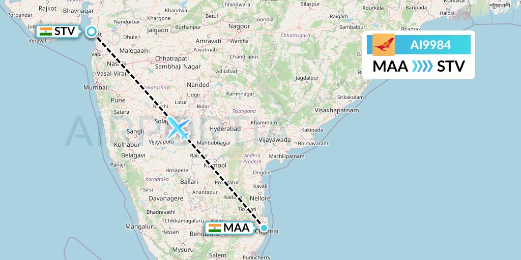 AI9984 Air India Flight Map: Chennai to Surat