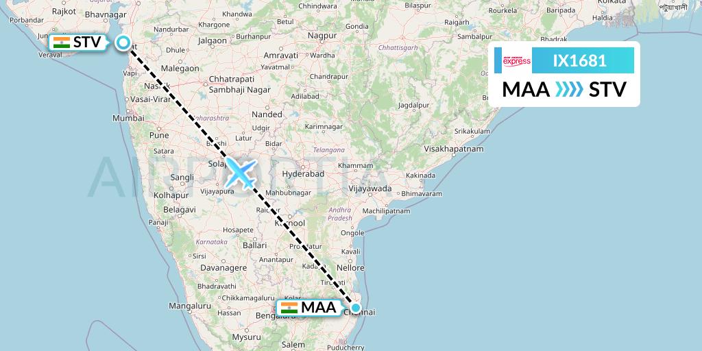 IX1681 Air India Express Flight Map: Chennai to Surat
