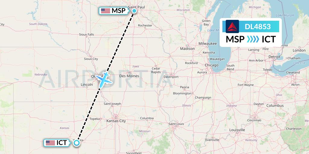 DL4853 Delta Air Lines Flight Map: Minneapolis to Wichita