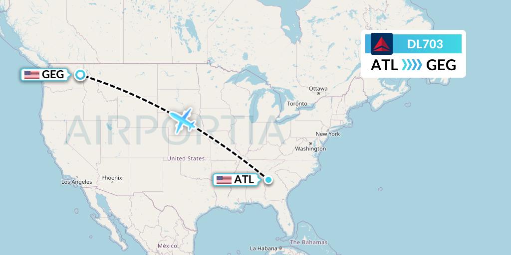 DL703 Delta Air Lines Flight Map: Atlanta to Spokane