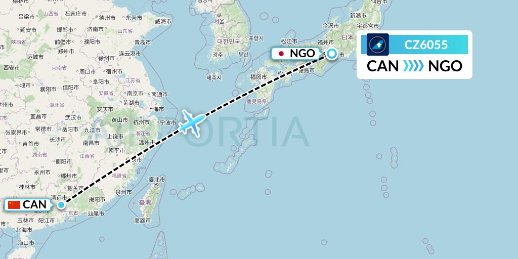 CZ6055 China Southern Airlines Flight Map: Guangzhou to Nagoya