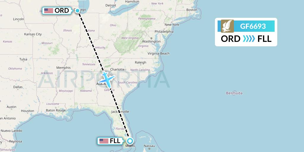 GF6693 Gulf Air Flight Map: Chicago to Fort Lauderdale