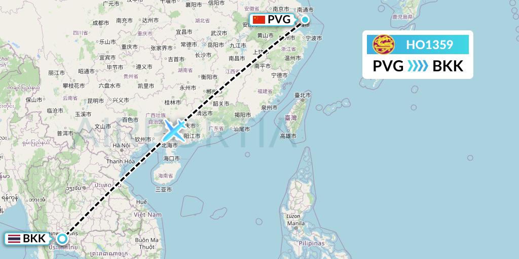 HO1359 Juneyao Airlines Flight Map: Shanghai to Bangkok