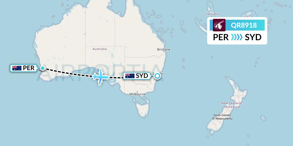 QR8918 Qatar Airways Flight Map: Perth to Sydney