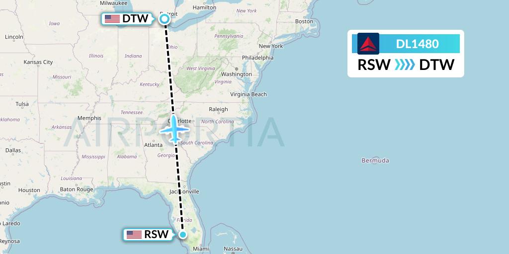 DL1480 Delta Air Lines Flight Map: Fort Myers to Detroit
