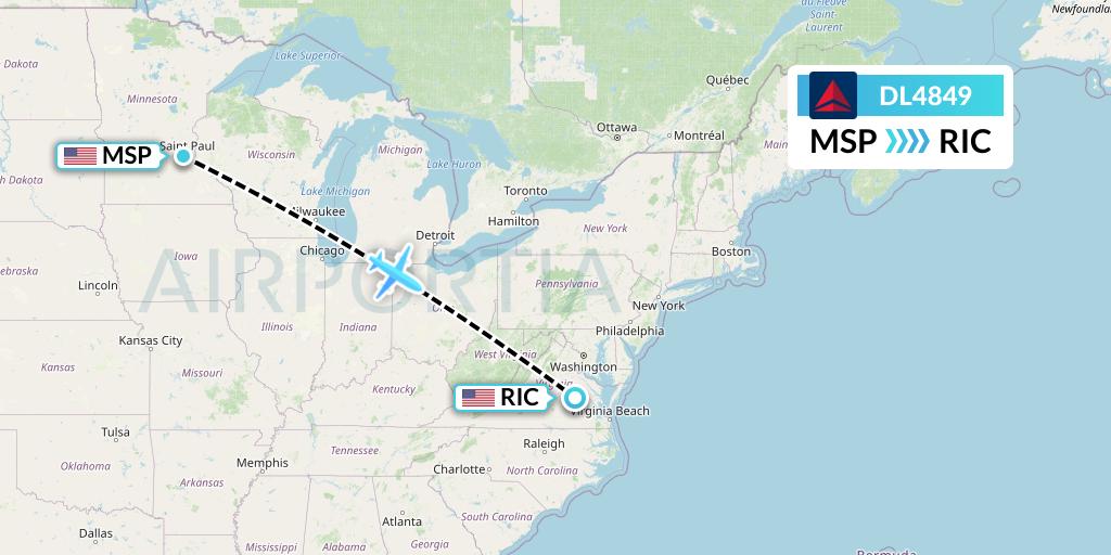 DL4849 Delta Air Lines Flight Map: Minneapolis to Richmond