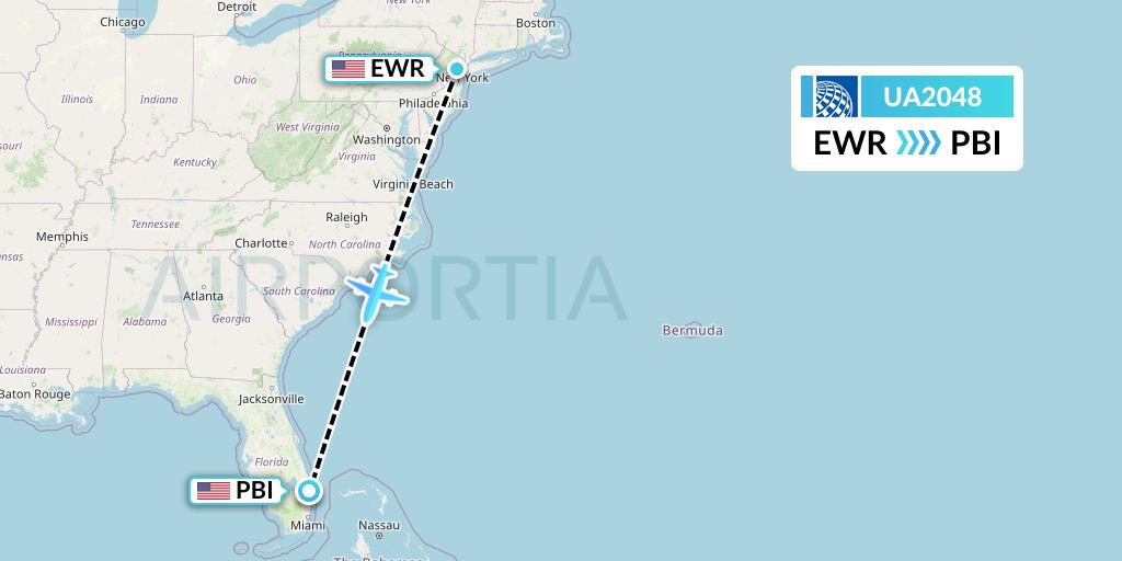 UA2048 United Airlines Flight Map: New York to West Palm Beach