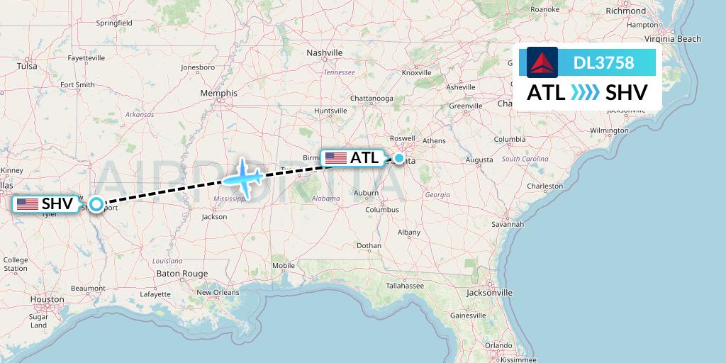 DL3758 Delta Air Lines Flight Map: Atlanta to Shreveport