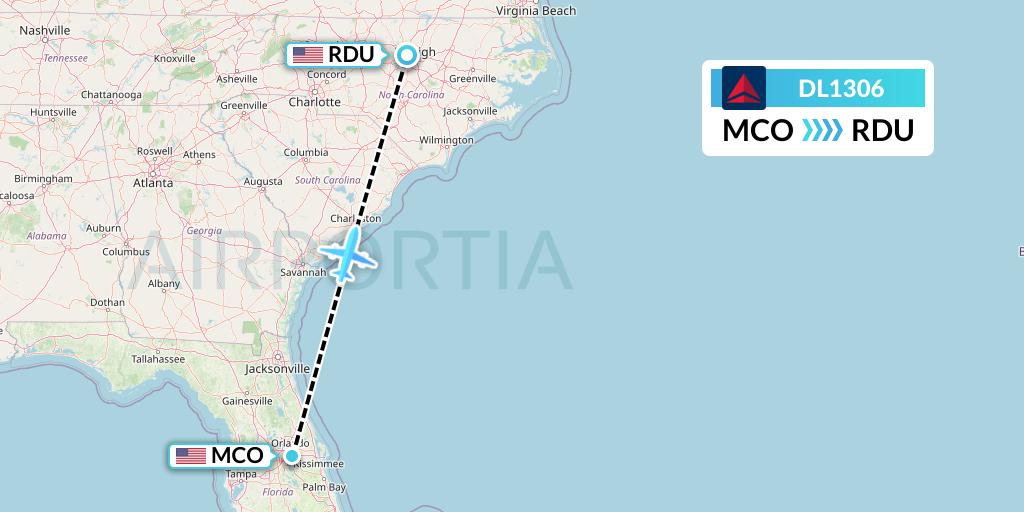 DL1306 Delta Air Lines Flight Map: Orlando to Raleigh-Durham