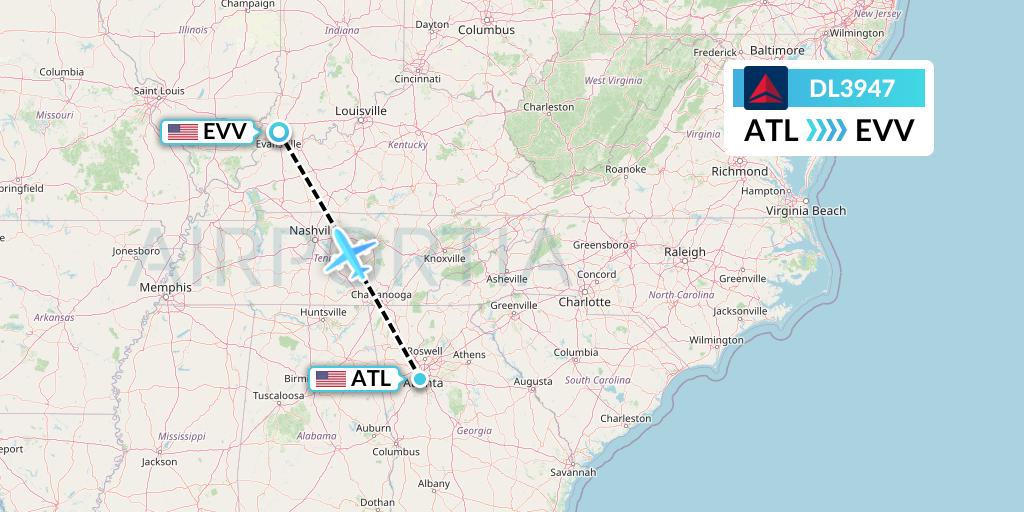 DL3947 Delta Air Lines Flight Map: Atlanta to Evansville