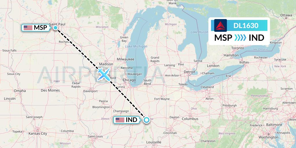 DL1630 Delta Air Lines Flight Map: Minneapolis to Indianapolis