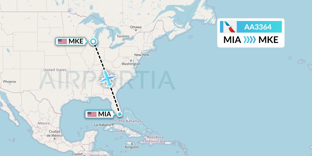AA3364 American Airlines Flight Map: Miami to Milwaukee