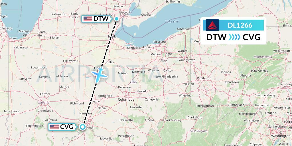 DL1266 Delta Air Lines Flight Map: Detroit to Cincinnati