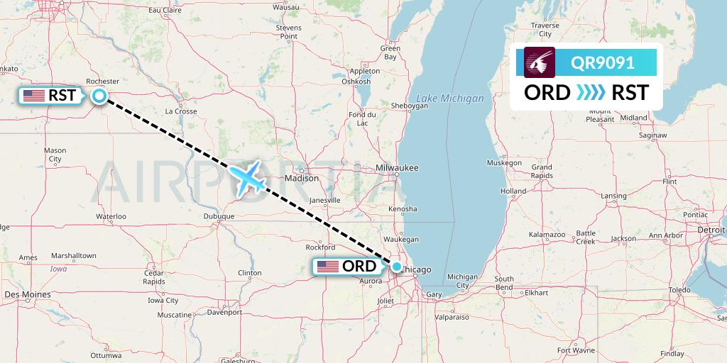 QR9091 Qatar Airways Flight Map: Chicago to Rochester