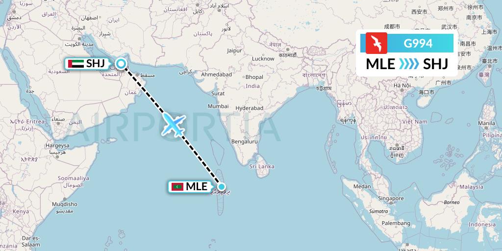 G994 Air Arabia Flight Map: Male to Sharjah