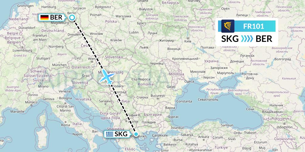FR101 Ryanair Flight Map: Thessaloniki to Berlin