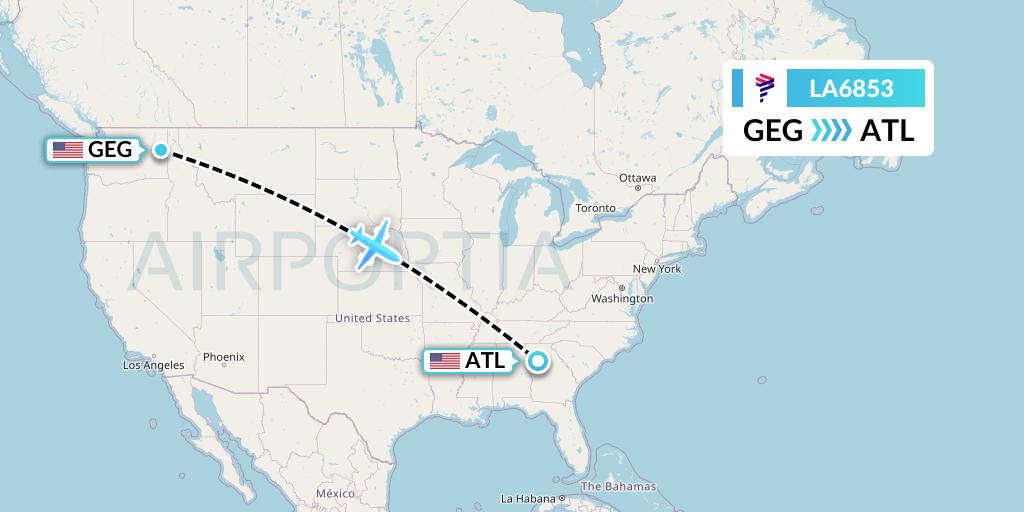 LA6853 LAN Airlines Flight Map: Spokane to Atlanta