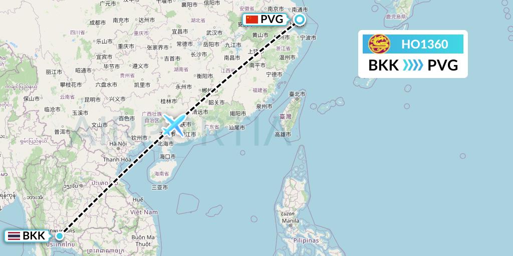 HO1360 Juneyao Airlines Flight Map: Bangkok to Shanghai